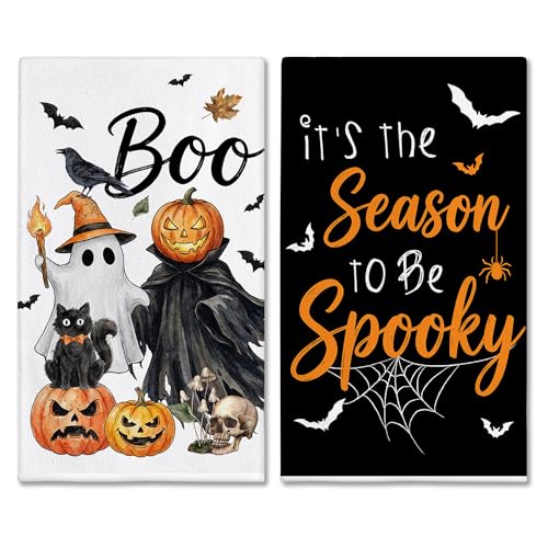 Halloween Kitchen Towels - Ghost Pumpkin Lantern Spooky Hand Towels - Microfiber Decor