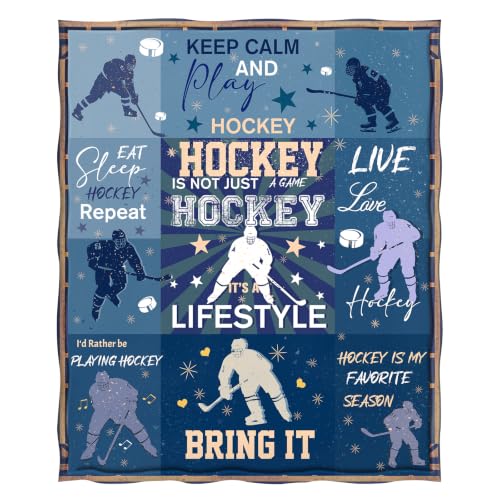 Hockey Blue Throw Blanket 60x80 Inches - Soft Flannel Ice Hockey Gift for Boys Girls Teens Adults