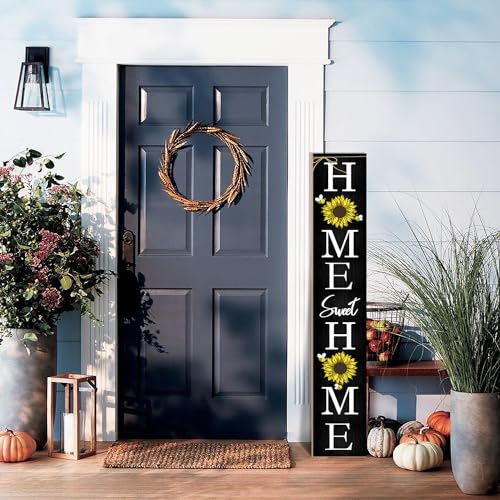 Black Sunflower Welcome Porch Sign for Front Door - Rustic Vertical Farmhouse Decor - 7.8x47.5 Inches