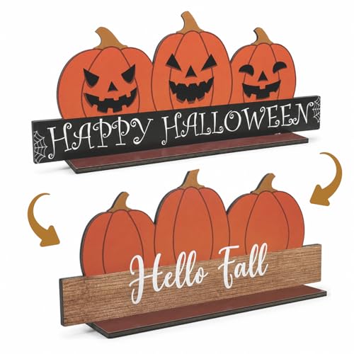 Halloween Double Sided Wooden Tabletop Decor Pumpkin Sign 12x5 Inch for Farmhouse & Seasonal Displays