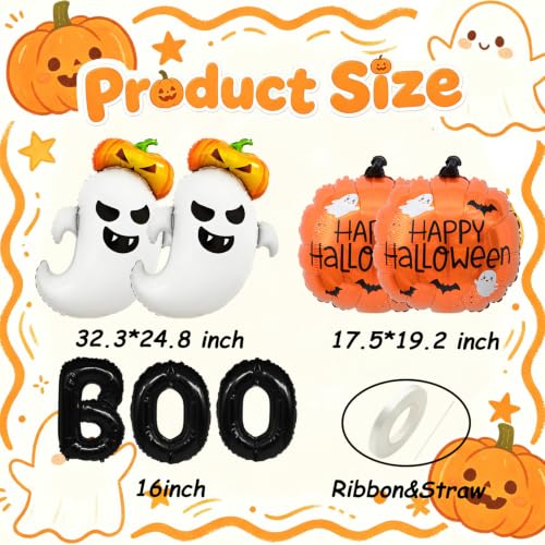 7Pcs Halloween Foil Balloon Set with Ghost Pumpkin Boo Decorations for Party