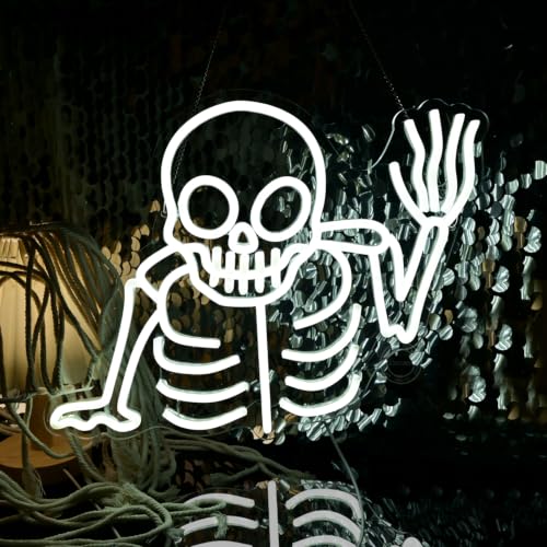 Skull Neon Sign Halloween Decoration LED Skeleton Wall Light - Cold White