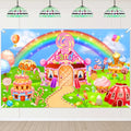 Candyland Theme Backdrop Rainbow Candy House & Dessert Banner for Kids Birthday Party