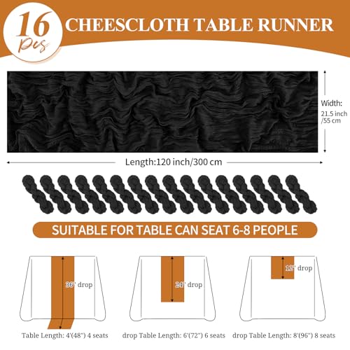 Black Cheesecloth Table Runner 16 Pack 10Ft Rustic Gauze Wedding Party Decor