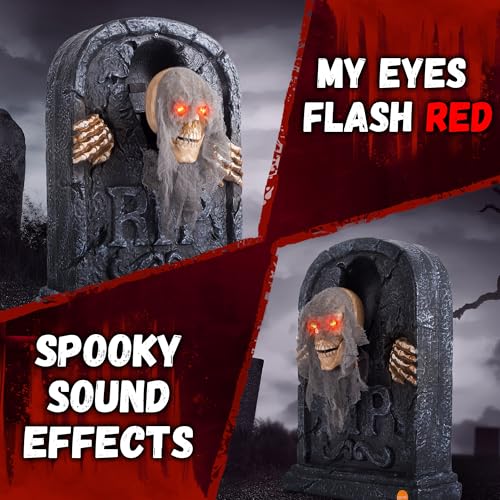 ELAMAS Halloween Animatronic Zombie Tombstone - 1 Pack, Sensor-Activated Skeleton Decor with Creepy Sound, Light Up Eyes, Outdoor Indoor Spooky Prop