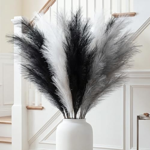 Artificial Pampas Grass Decor Set - Black White Grey 38 Inches, 6 Pieces, Boho Home & Event Decor