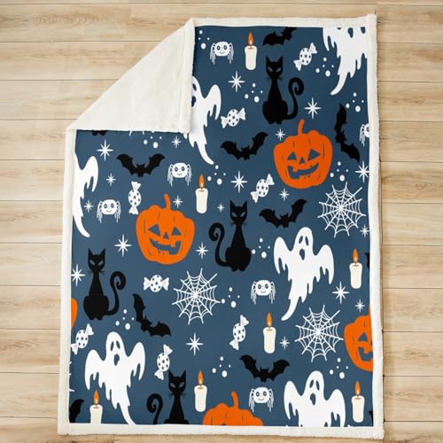 Halloween Sherpa Blanket Bat Pumpkin Ghost Fleece Throw 50x60 Inches - Blue Variation of THIS listing