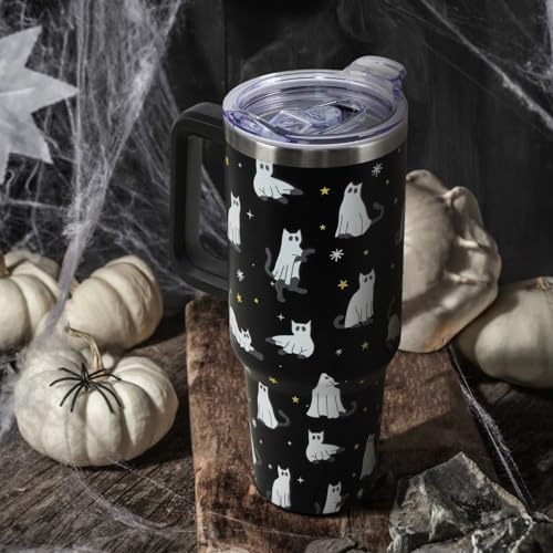 Halloween 2025 40oz Ghost Cat Tumbler with Lid & Straw - Spooky Leakproof Gift