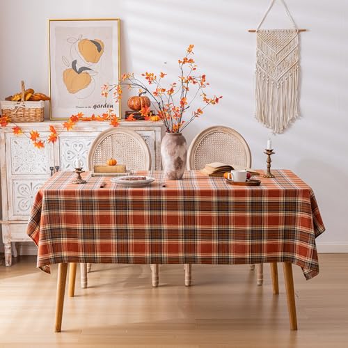 Plaid Fall Tablecloth Rectangle 60x120 Inch Rust - Premium Polyester Table Cover for Thanksgiving & Autumn