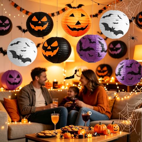 Halloween Hanging Paper Lanterns Set - 12PCS Ghost Pumpkin Decor - Orange, Black, White, Purple