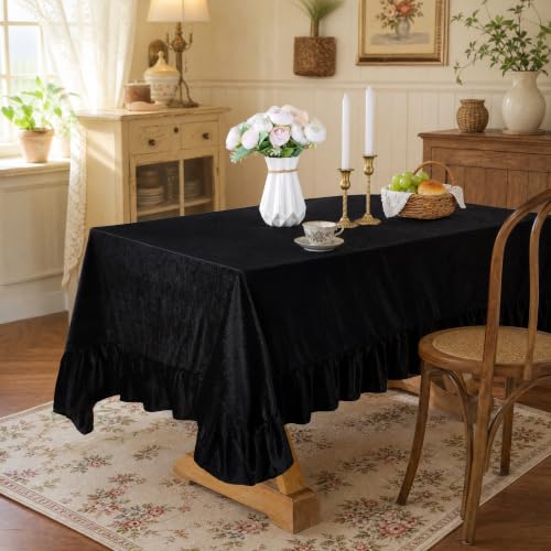 Rectangular Velvet Tablecloth 60x120 Inches - Black, Ruffled, Elegant Party Decor