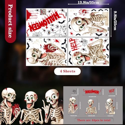Halloween Window Clings 4 Sheet Set - Skeleton Bats Ghost Spider Decorations