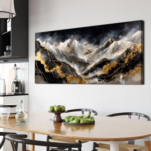 Abstract Mountain Wall Art Canvas - Black & Gold Watercolor Landscape - 40"L x 20"W - Mount01