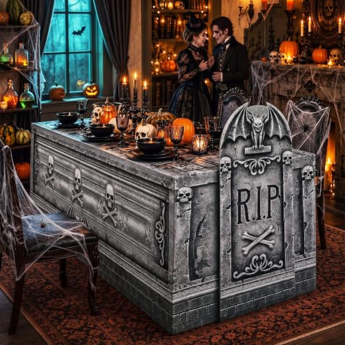 Halloween Tombstone Table Decoration Set with Cardboard Cutout & Cover - Spooky Cemetery Theme - Tombstones Variation