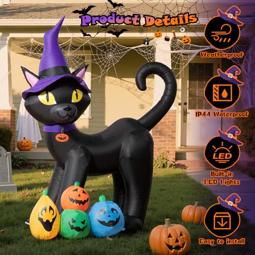 6FT Inflatable Halloween Black Cat with Witch Hat & Colorful Pumpkins, LED Yard Decor