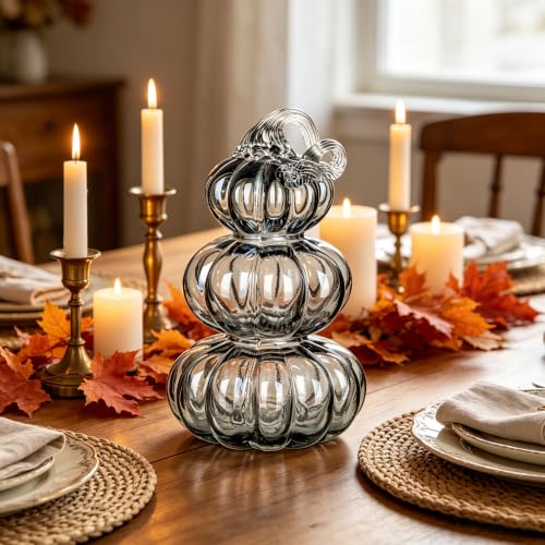 Black Medium Stacked Glass Pumpkin Decor - Fall Halloween Table Centerpiece