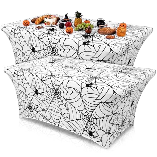 Halloween Spiderweb Tablecloth 6ft White Stretch Cover — 2 Pack, Spiderweb Design, Reusable