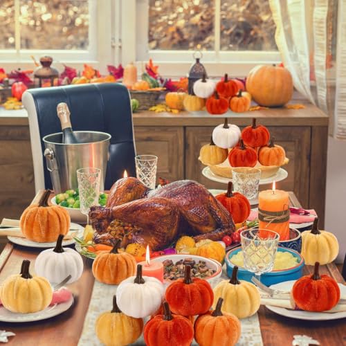 Fall Autumn Artificial Velvet Pumpkins Mini Faux Pumpkins Set - 16 Pieces - Color Variation of Fall Pumpkins