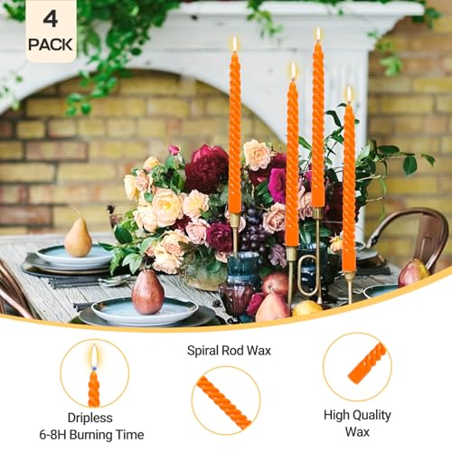 Orange Spiral Taper Candles - 4 Pack, 10 Inch Dripless & Smokeless for Home Decor