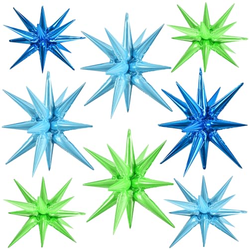 Blue Green Explosion Star Foil Balloons - 8 Pcs Party Decoration