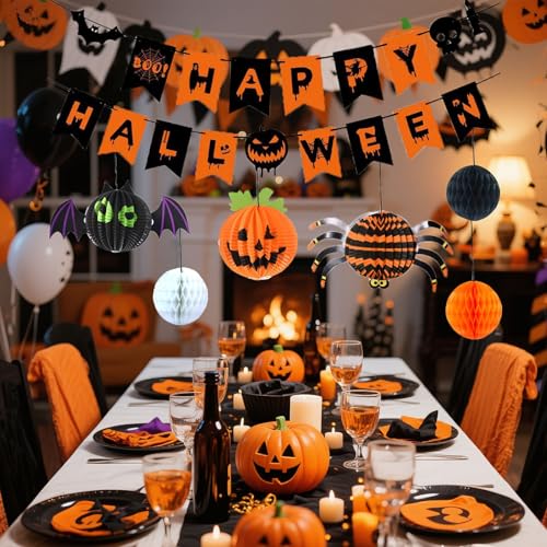 Halloween Banner with 6 Paper Honeycombs Party Decorations Set