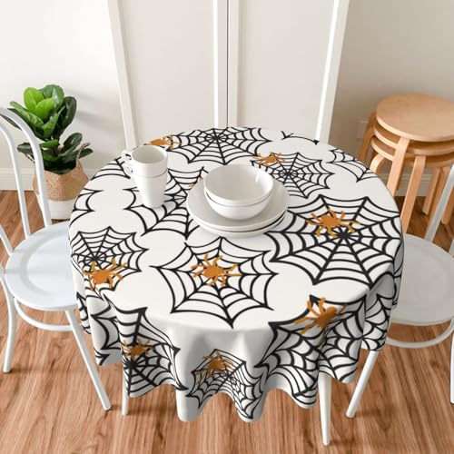 Halloween Black Spider Web Round Tablecloth 70 Inches with Gold Spiders - Spooky Party Decor