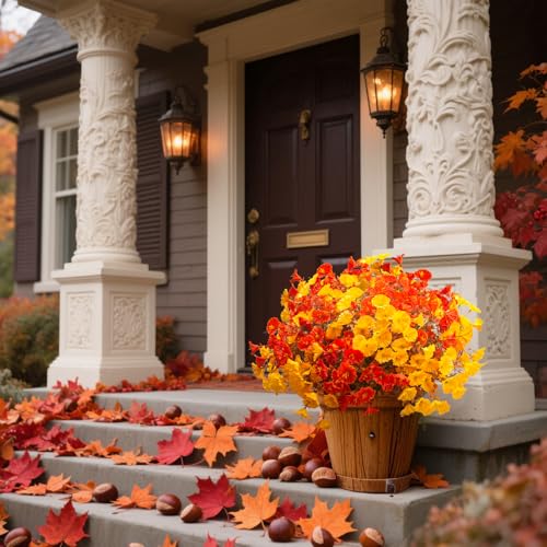 Artificial Fall Flowers Outdoor Decor - 12 Pcs Autumn Fake Plants with UV Resistance & Waterproofing - Fall Mix
