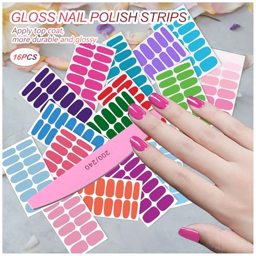 Bright Color Gel Nail Stickers Set - 16 Sheets Self-Adhesive Nail Wraps for Manicure