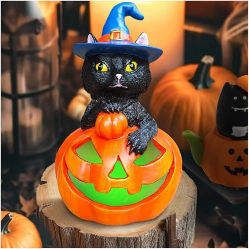 Black Cat Halloween Garden Statue with Solar Pumpkin Lights - Outdoor Decor