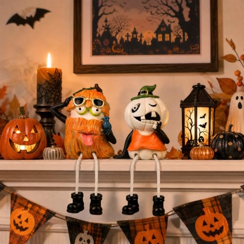 Halloween Pumpkin Shelf Sitter Figurines - Set of 2, Hand Painted Resin Decor