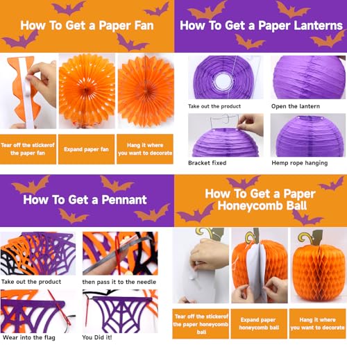 Halloween Party Decorations Set - Orange, Black & Purple Festive Decor - Includes Fans, Lanterns & Web Flags - Halloween