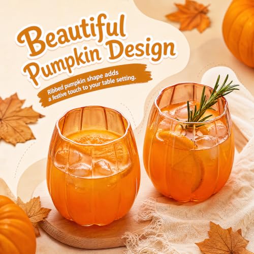 Pumpkin Wine Glasses Set of 4 - 20oz Stemless Fall Drinkware, Orange, Halloween Decor
