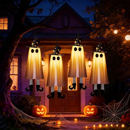Halloween Ghost Decorations Set with Lighted Hanging Witches Hats - Outdoor Indoor Spooky Yard Decor