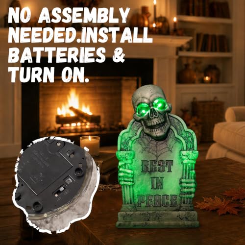 Halloween Animatronic Tombstone with Skull & Pillars - Green Light & Creepy Sound Effects - RIP Cemetery Prop - Variation: Tombstone Green
