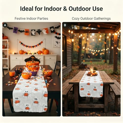 Halloween Faux Fur Table Runner 13x72 Inches with Embroidered Ghost & Pumpkin