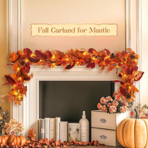 Orange Fall Garland with Lights and Timer - 6ft Autumn Decor with Pumpkins & Leaves