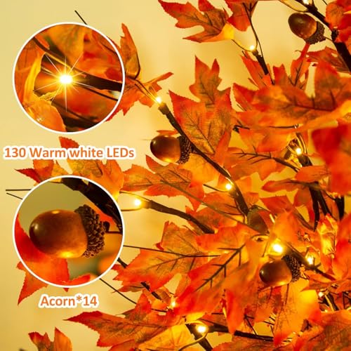 2 Pack 6Ft 130 LED Fall Maple Tree with 8 Flashing Modes Dimmable Thanksgiving Decor