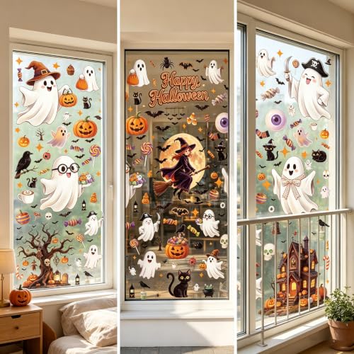 Halloween Window Clings Decor - Ghost Pumpkin Bat Skull Spider Web Decals Set