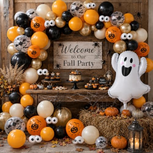 Halloween Balloon Set - Black, Orange, Sand, Gold with Ghost & Bat Prints - 36 Pack