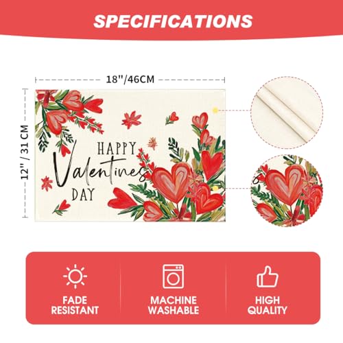 Red Hearts Love Valentine's Day Placemat Set of 4 - 12x18 Inch Rectangular Table Mats