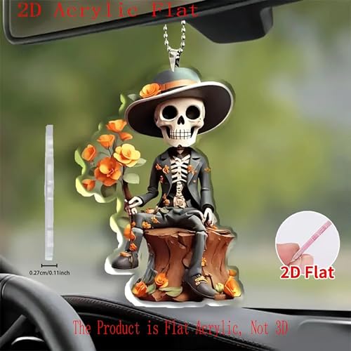 Halloween Skeleton Acrylic Hanging Ornament Set - 2D Flat Car Rearview Mirror Decorations - Variation 2D-2