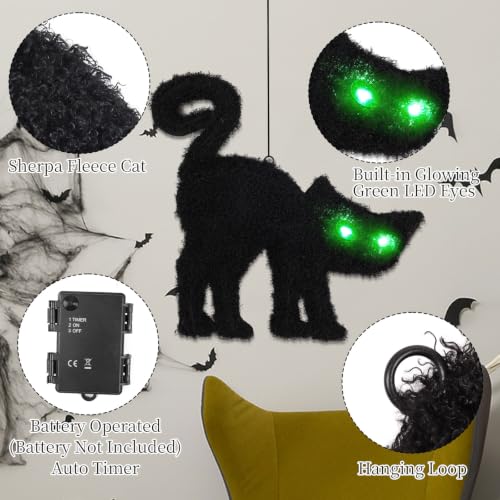 Halloween Hanging Black Cat Decoration with Glowing LED Eyes - 18.5 Inch Indoor Outdoor Decor - Black Cat Variation