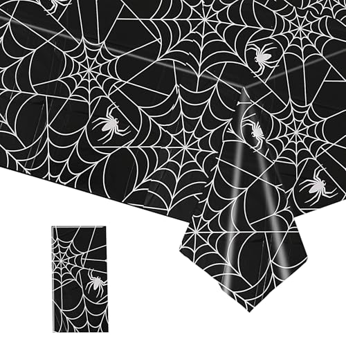 Halloween Plastic Tablecloth 1 Pack - Spooky Web & Spider Pattern, 54x108 Inch, Spillproof, Disposable, Black
