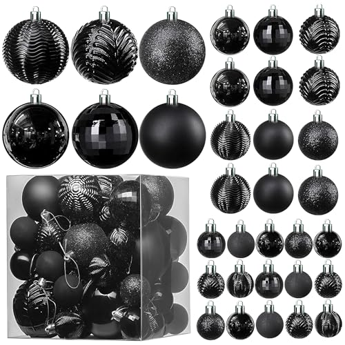 Black Christmas Ornaments Set - 36 Shatterproof Balls in 6 Styles & 3 Sizes