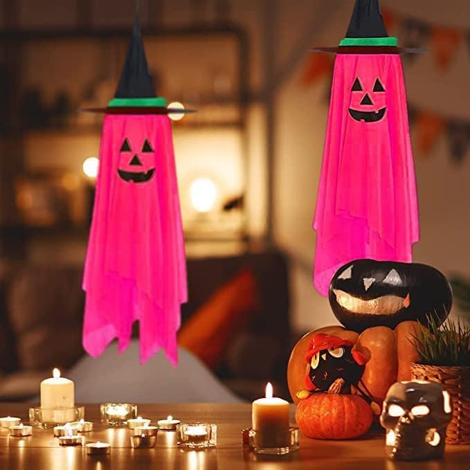 Pink Halloween Hanging Pumpkin Witch Hats 2-Pack Outdoor Decor