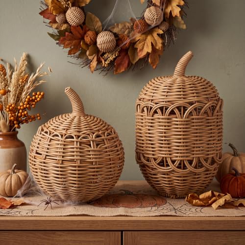 Set of 2 Woven Rattan Pumpkin Decor - Fall Wicker Centerpieces for Autumn and Thanksgiving