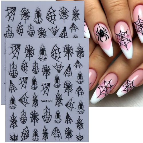 Halloween Nail Stickers Spider Web & Spider Design - 3D Multicolored Glitter Decals, Self-Adhesive, 10PCS