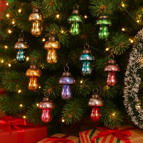 12 Pcs Distressed Glass Mushroom Christmas Tree Ornaments - Multicolor
