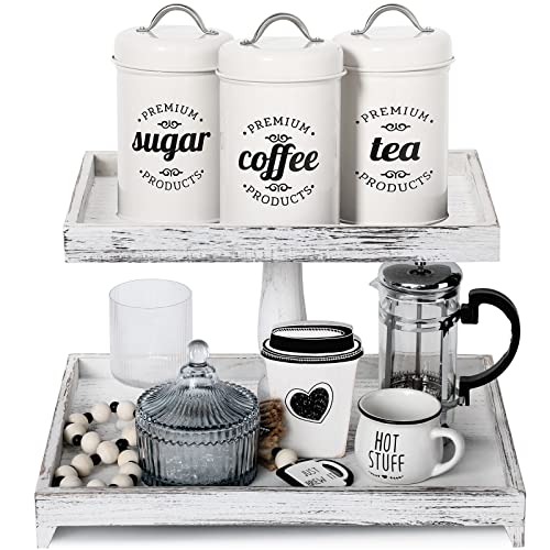 White Farmhouse 2-Tier Wooden Tray Stand - Rustic Kitchen Decor