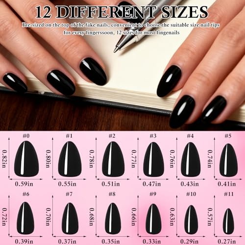 Black Short Almond Press On Nails Set - Reusable Fake Nails with Glue Tabs